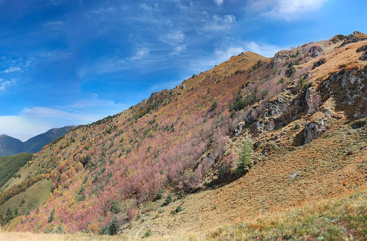 Autumn-colored mountain slopes and a quiet lake in China